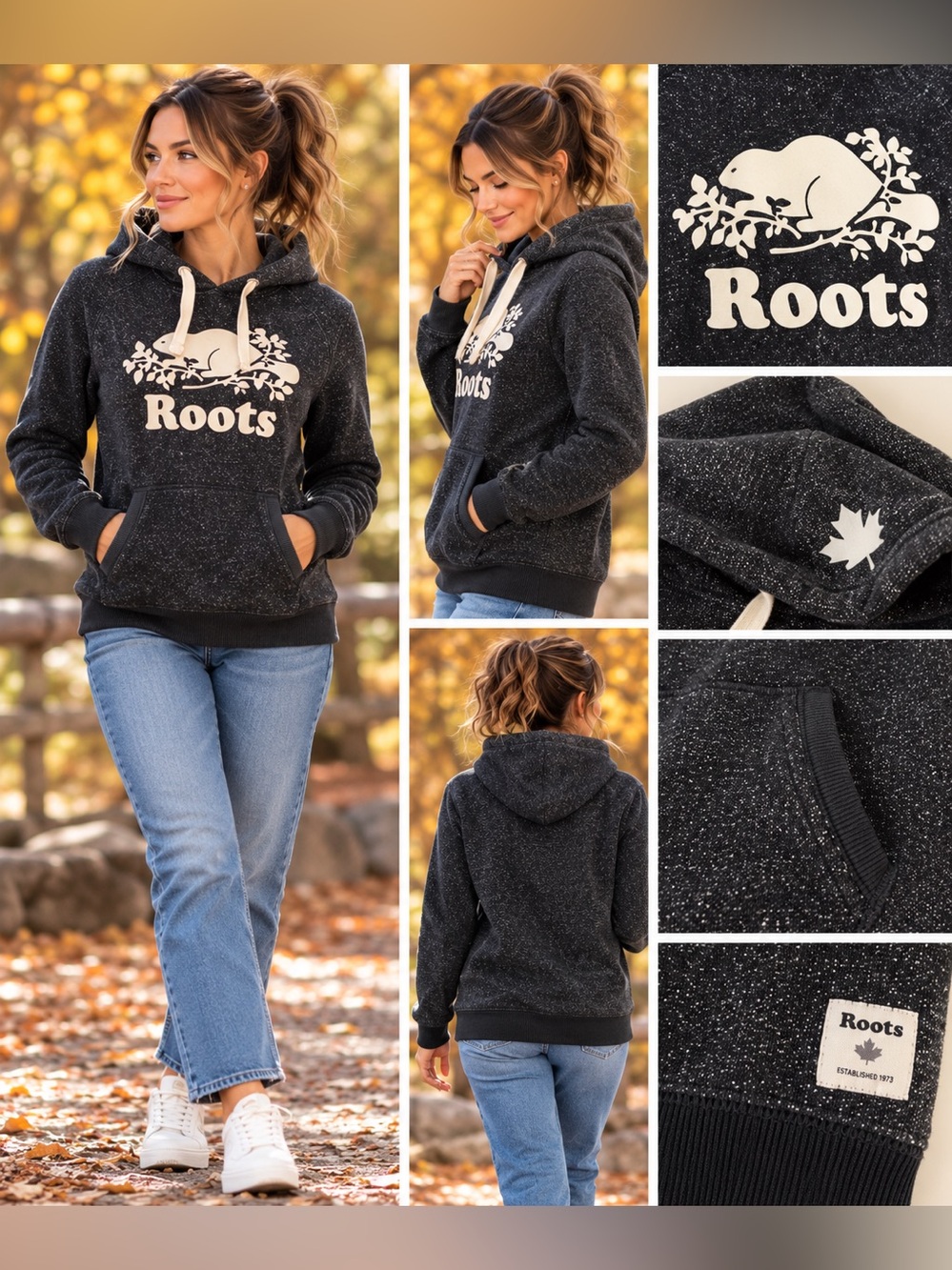 Roots Original Kanga Hoodie Black Pepper Textured Beaver Logo M